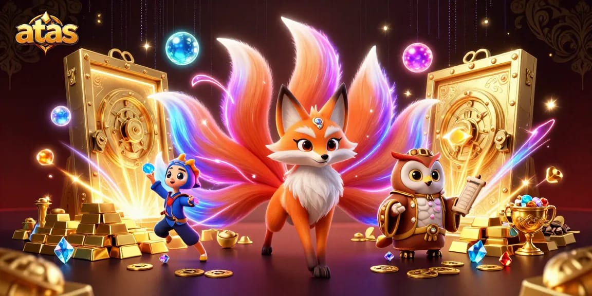 Engage with the vibrant atas casino scene featuring a nine-tailed fox and treasures illuminating a dynamic gaming environment.