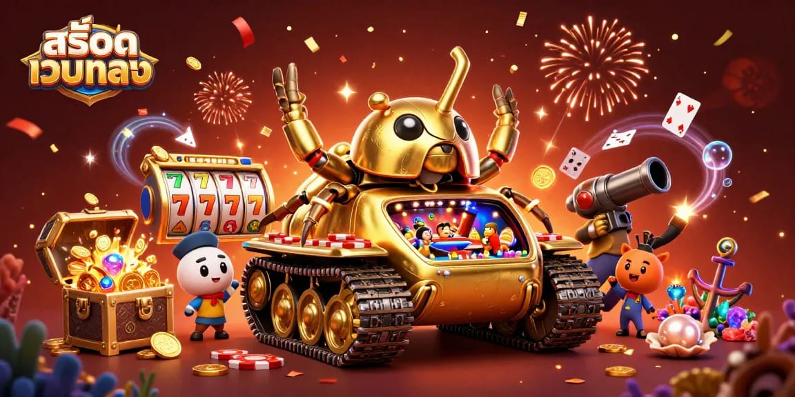 Engage with สล็อตเว็บตรง at our vibrant casino-themed scene featuring a golden beetle tank.