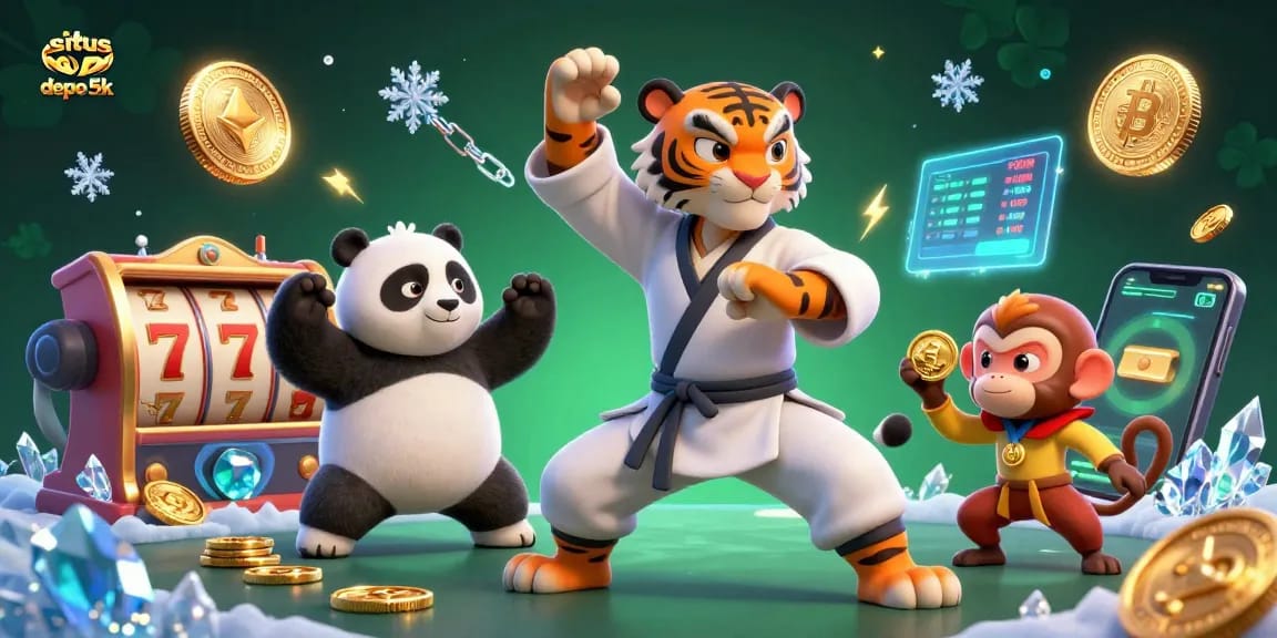 Situs depo 5k showcases a vibrant 3D illustration of a kung fu tiger, panda, and monkey in a lively casino scene with slot reels.