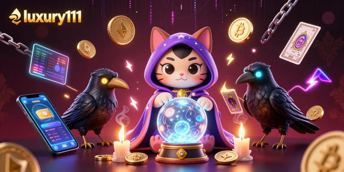Engage in thrilling gameplay at luxury111 with a vibrant casino scene featuring mystical characters and cryptocurrency elements.