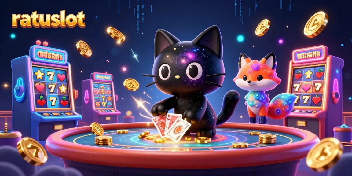 Experience exciting moments at ratuslot with a cosmic casino scene featuring vibrant slot machines, characters, and dynamic casino elements.