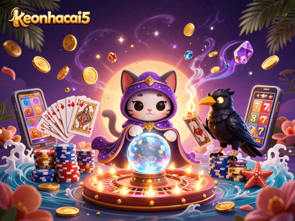 Enhance your experience with keonhacai5's mystical gaming adventure featuring fortune tellers and vibrant casino elements.