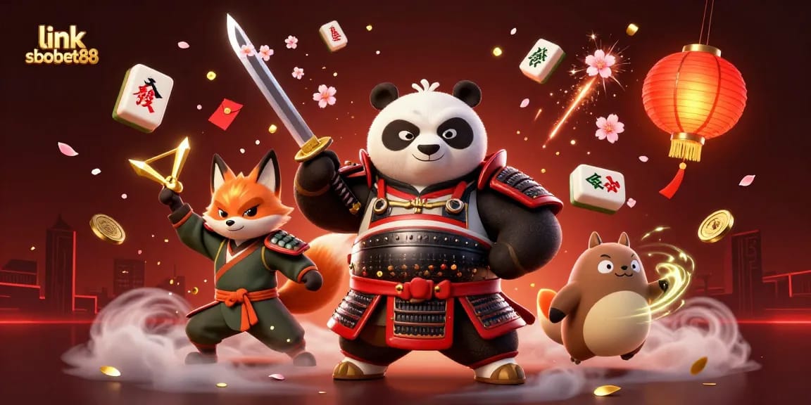 Place bets with excitement at link sbobet88, featuring dynamic samurai and ninja elements in a vibrant casino scene.