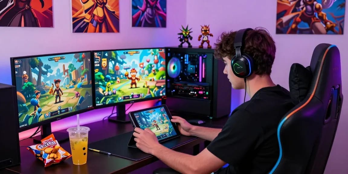 Player engrossed in ec777 on tablet within a vibrant gaming space, showcasing popular game mods and an energetic atmosphere.