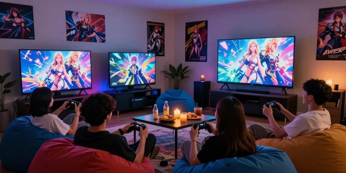 Friends enjoying a lively gaming session playing hentai games, surrounded by snacks and vibrant decor