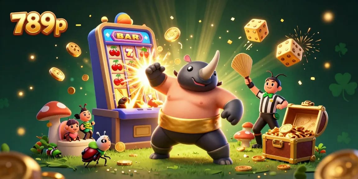 Experience the vibrant 789p gaming world with a powerful beetle champion amidst golden coins and dynamic casino elements.