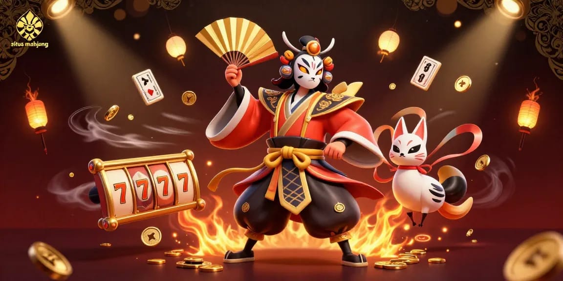 Experience the excitement of situs mahjong with a kabuki warrior and vibrant gaming elements in a dynamic 3D scene.