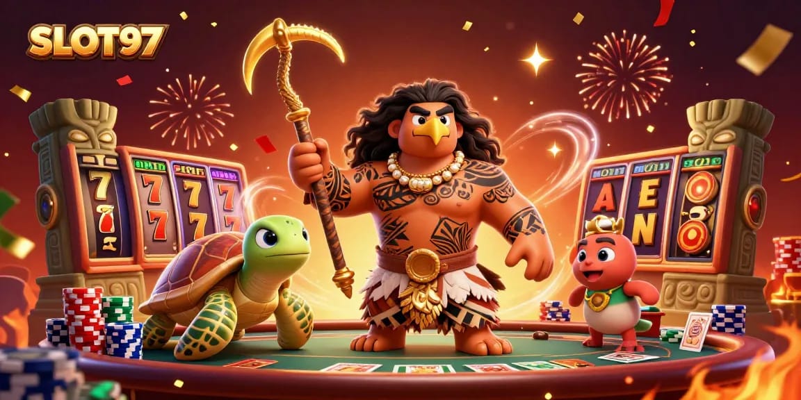 SLOT97 showcases a thrilling casino scene with vibrant slot reels and a demigod theme, inviting players to win big.