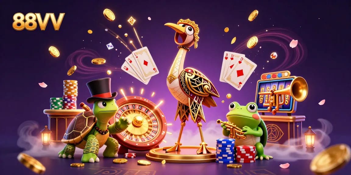 Experience thrilling gaming at 88VV with casino characters and sparkling riches in a vibrant 3D setting.