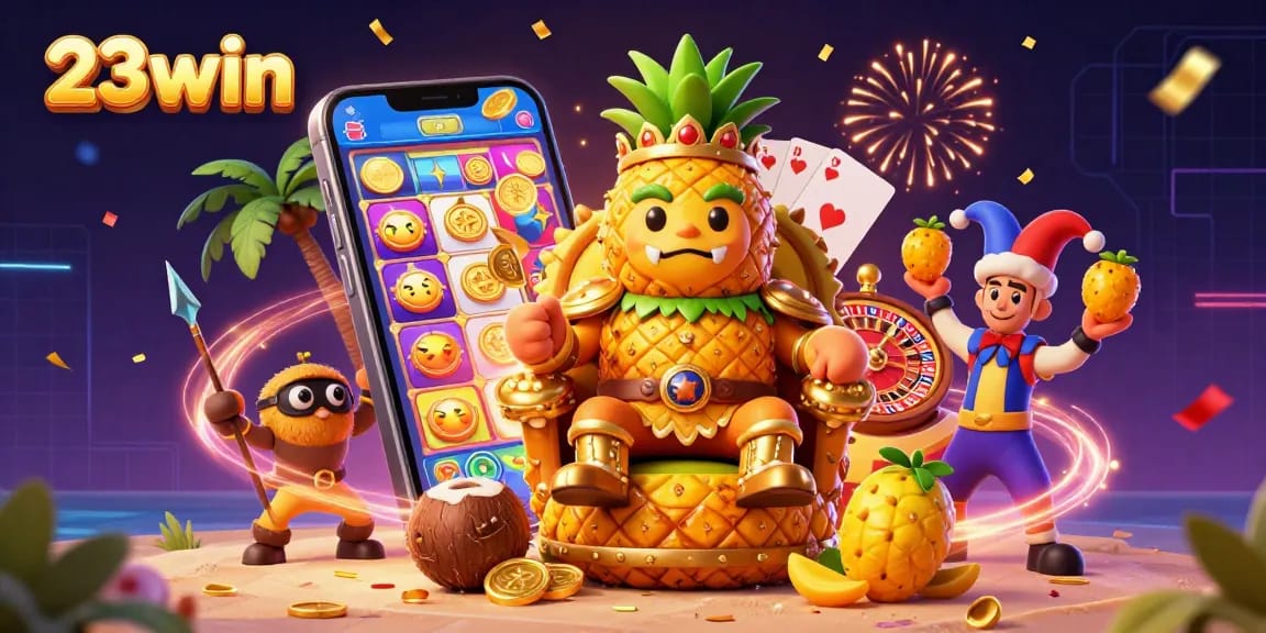 Engage with the vibrant world of 23win featuring a golden pineapple king and exciting casino elements.