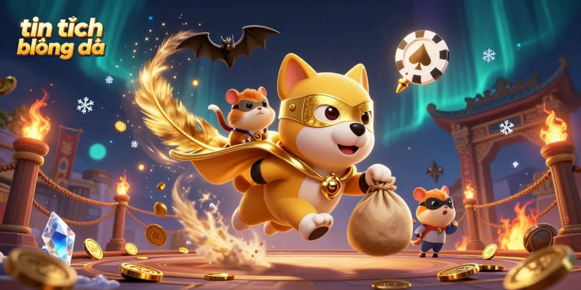 Experience tin tức bóng đá in style as a superhero dog soars, collecting gold coins in a vibrant casino scene.
