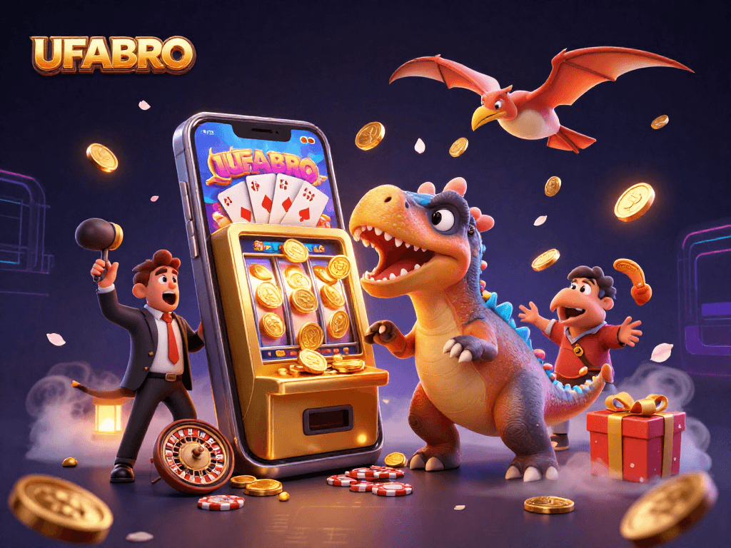 UFABRO showcases a dynamic casino scene with characters celebrating a jackpot, surrounded by vibrant gambling elements.