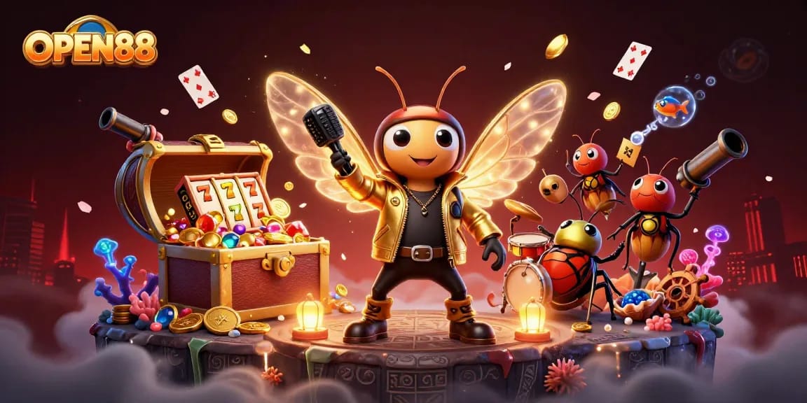 Experience the excitement of OPEN88 with thrilling slot games and vibrant visuals in a captivating 3D scene.