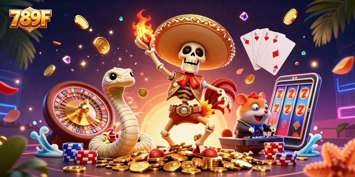 Experience thrilling wins with 789F, featuring dynamic characters dancing on golden coins amidst vibrant casino elements.