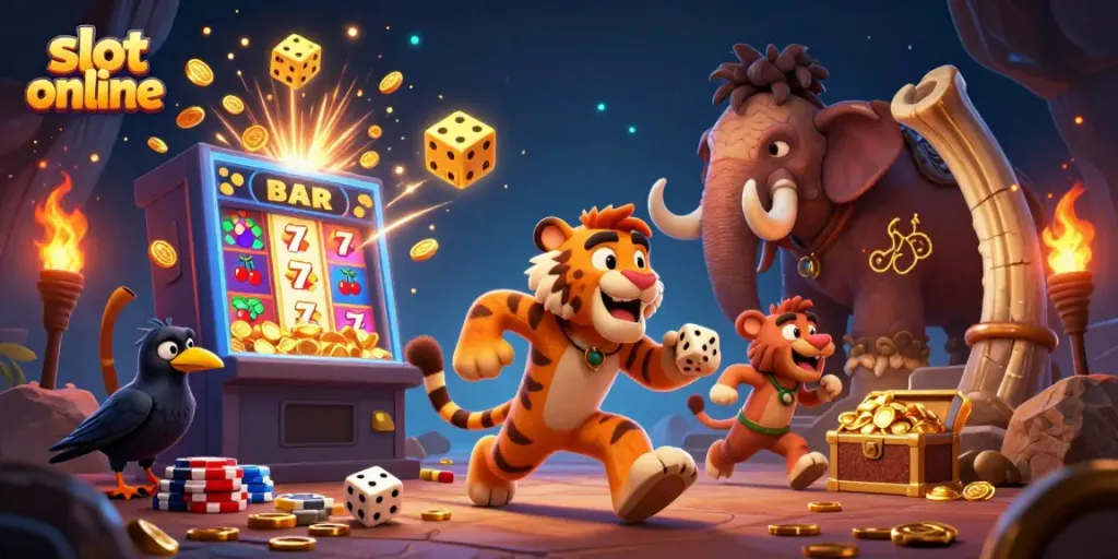 Experience exhilarating gameplay with vibrant slot online features and caveman-themed characters in this lively illustration.