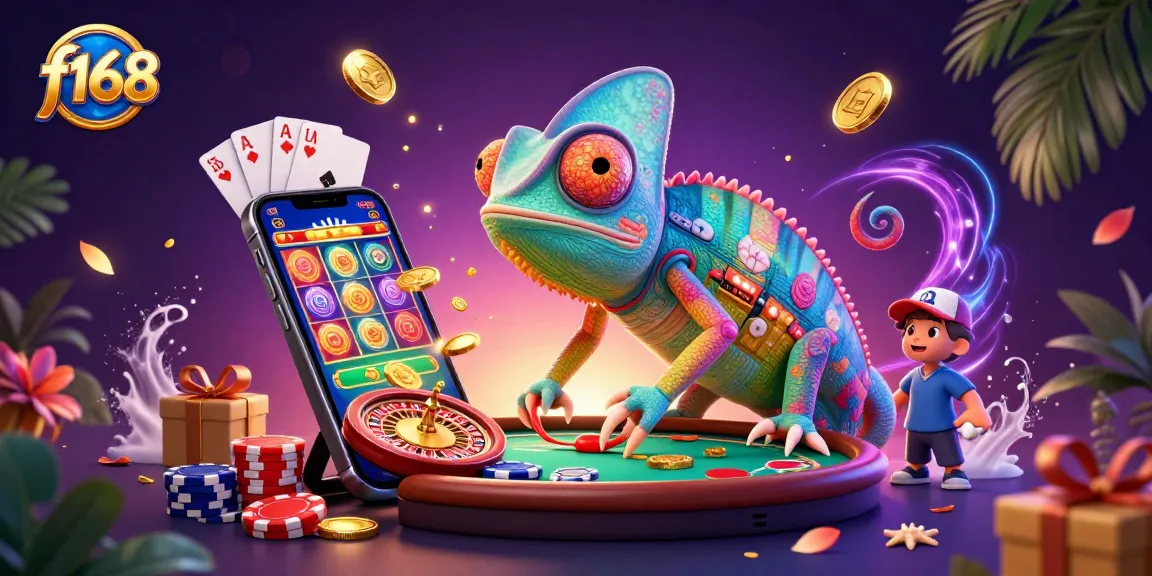 Experience gaming excitement at f168 with a colorful 3D casino illustration featuring a dynamic chameleon owner.