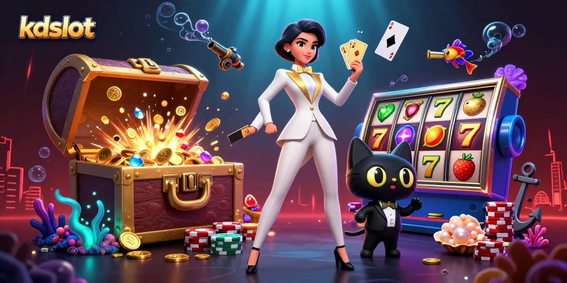 Engage with kdslot in a dynamic casino scene featuring a glamorous woman and a playful cat surrounded by impressive game elements.