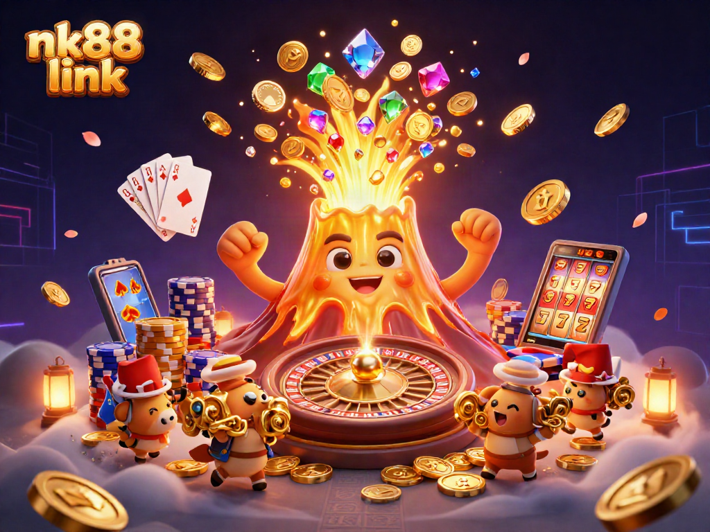 Experience the thrill of nk88 link with golden coins and vibrant casino elements in a dynamic scene.