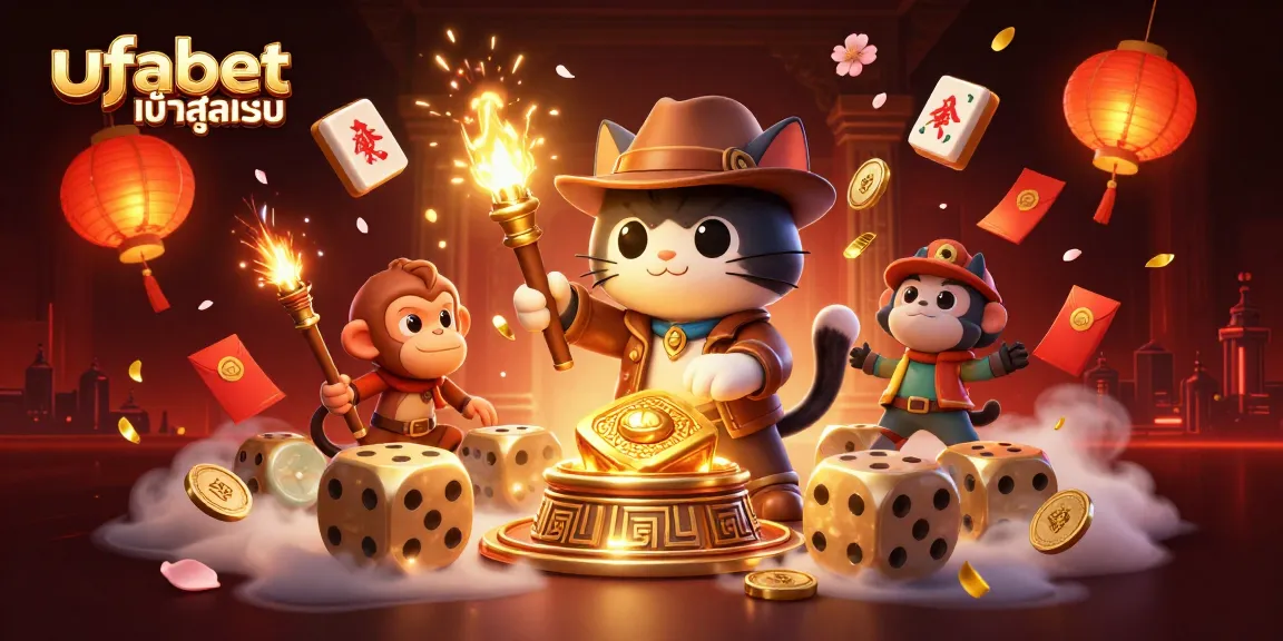 Engage with ufabet เข้าสู่ระบบ as a playful cat archaeologist uncovers dazzling casino treasures amid vibrant festive elements.