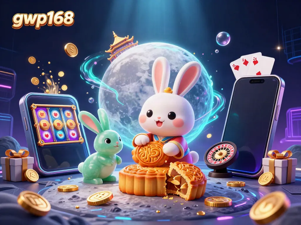 Gambar gwp168 menggambarkan kelinci bulan dengan elemen perjudian yang meriah untuk menarik pemain.
