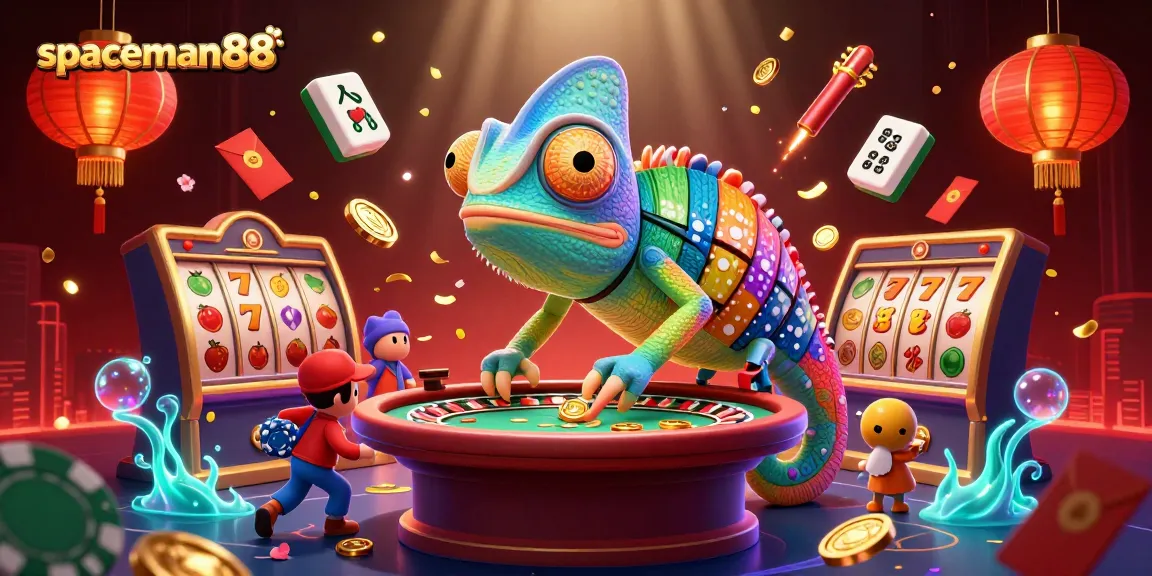 Engage with spaceman88 at a vibrant casino scene full of slot reels, colorful lanterns, and golden coins.