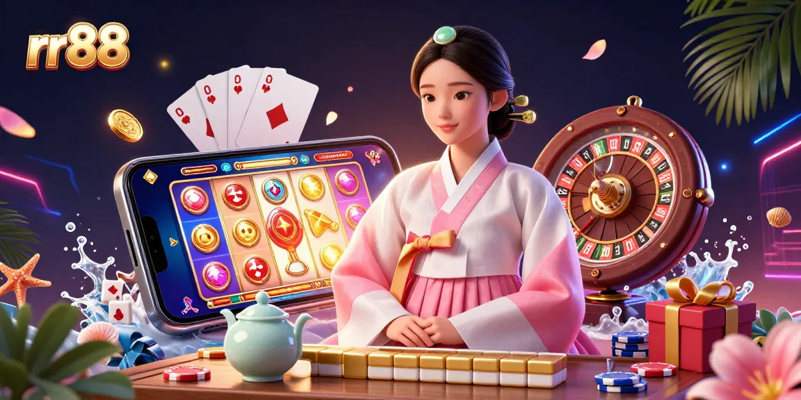 Engage with rr88's thrilling gaming experience, featuring vibrant elements and a serene Korean lady in a casino setting.