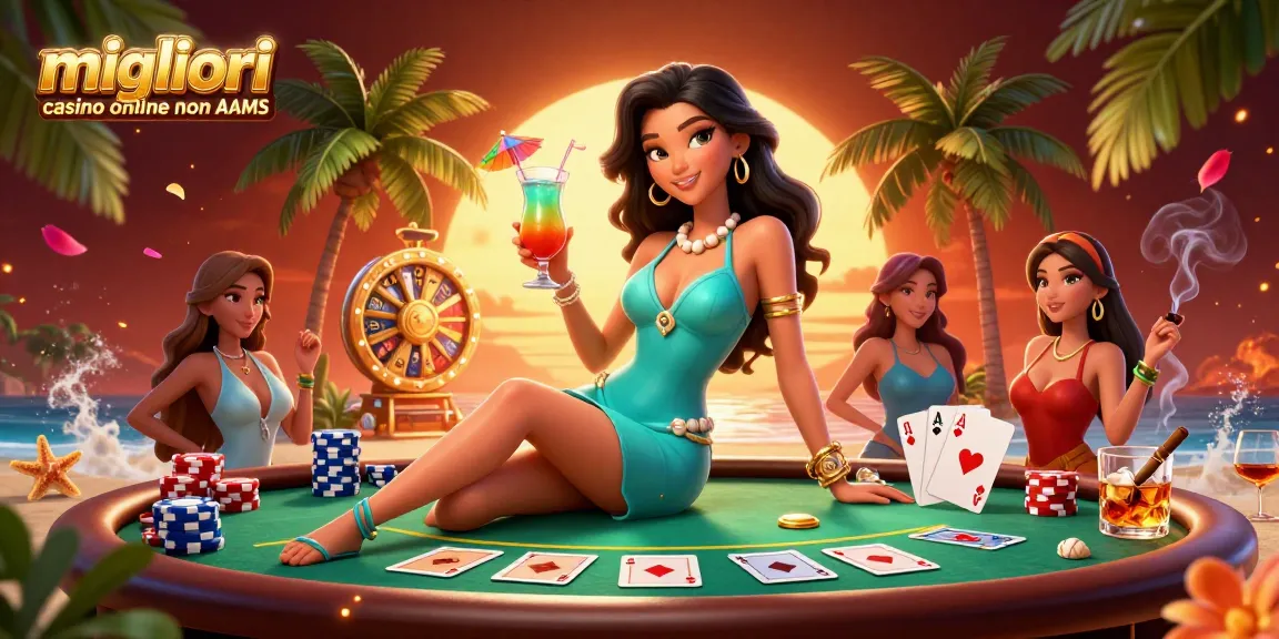 Migliori casino online non AAMS che mostrano una scena di casinò glamour con personaggi vivaci ed elementi di gioco emozionanti.