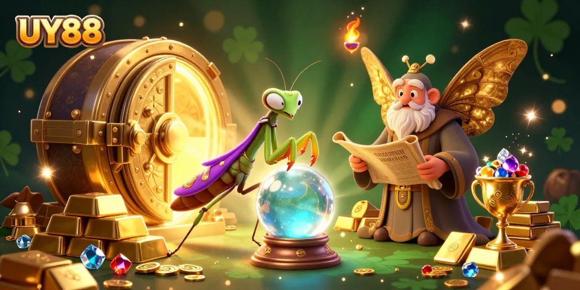 Engage with UY88's enchanting world featuring a praying mantis fortune teller and treasures.