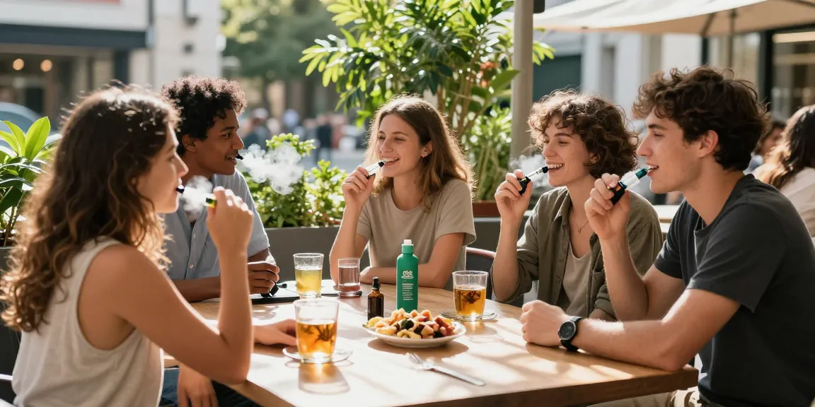What is the legal vaping age in Cyprus highlighted in vibrant café scene, showcasing organic CBD-infused vaping device among friends in outdoor setting.