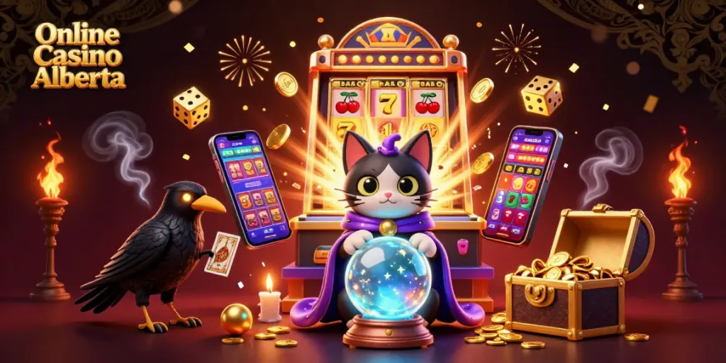 Experience the magic of Online Casino Alberta with a fortune teller cat, raven, and vibrant gaming elements.