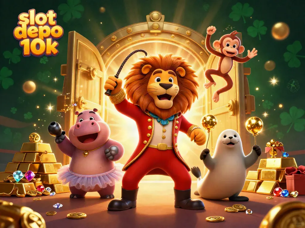 Slot depo 10k menampilkan singa ringmaster dan karakter lucu di dalam suasana kasino yang kaya dan berkilau.