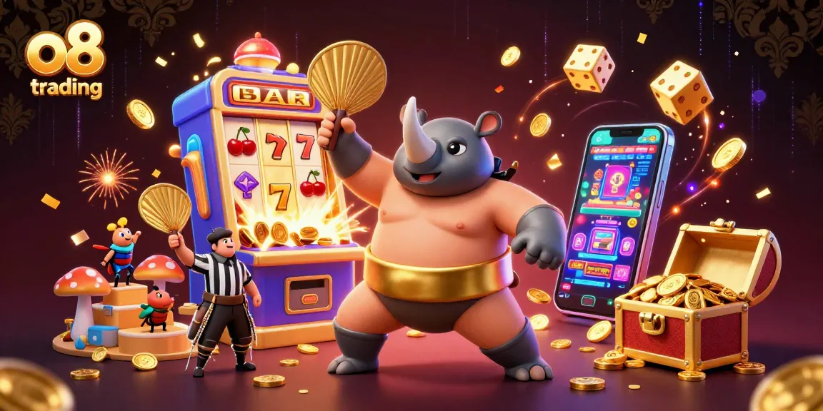 Experience thrilling wins with o8 trading in a vibrant casino scene filled with animated characters and game symbols.
