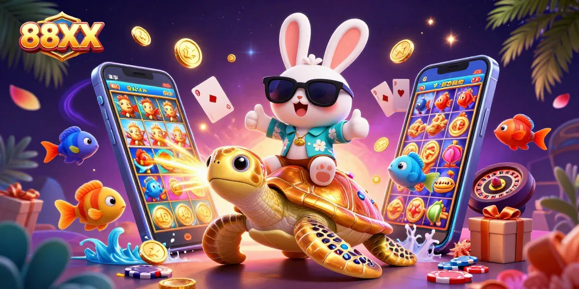 Engage with 88XX while enjoying vibrant casino action with lucky rabbit on a golden turtle and dynamic slot games.