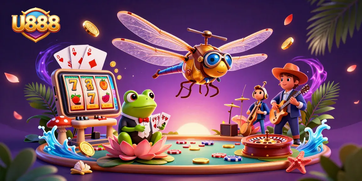Engage with exciting casino action at U888 featuring a dragonfly pilot, frog croupier, and slot reels.