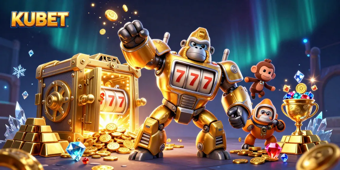 KUBET gaming extravaganza features a golden gorilla mech amidst treasures, enhancing the casino excitement.