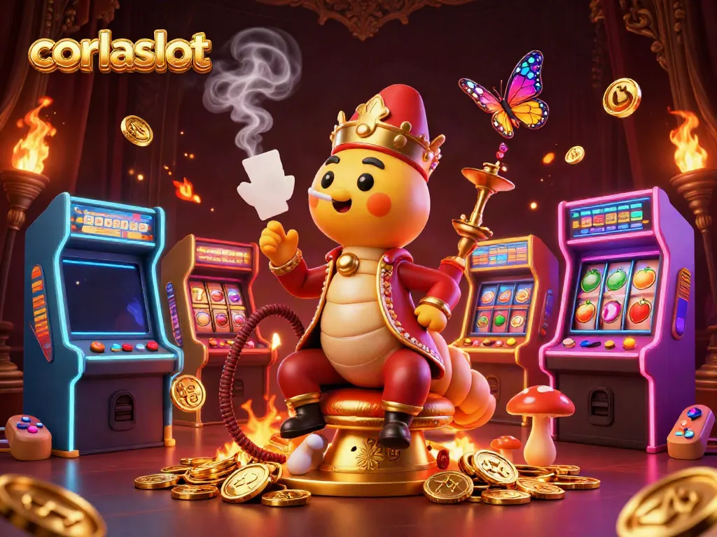 Experience the magic of corlaslot with a vibrant 3D scene featuring a unique caterpillar casino character blowing poker-themed smoke rings.