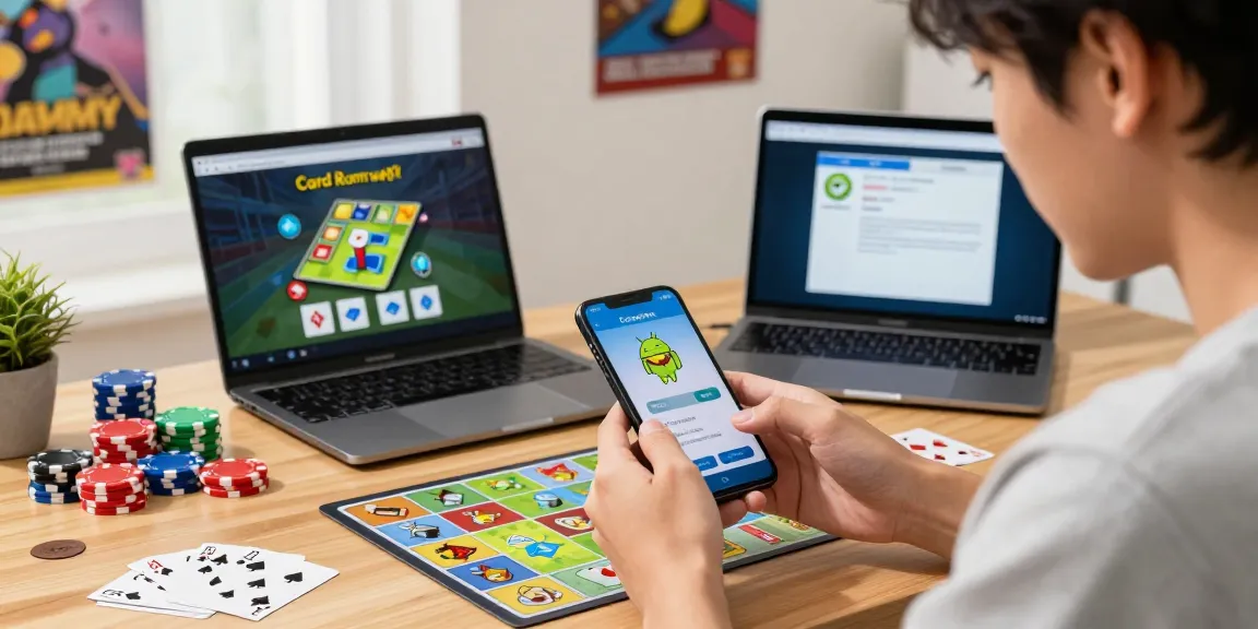 User installing Card Rummy APK on Android with vibrant graphics and gaming gear.