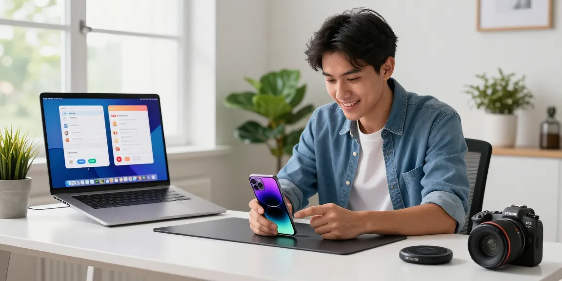 The iPhone 17 is displayed on a modern desk surrounded by tech gadgets, showcasing its vibrant design and features in a stylish workspace.