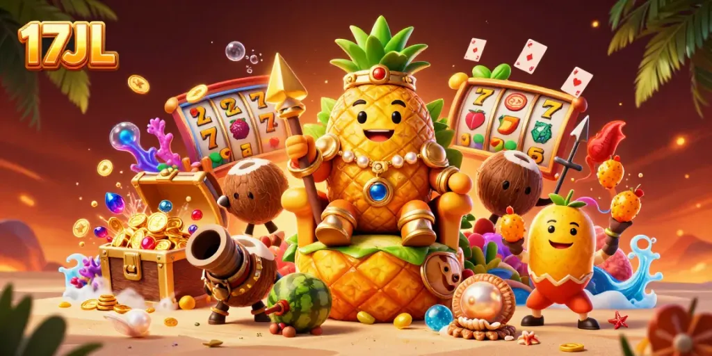 Experience the thrill of gaming with 17JL's vibrant casino kingdom featuring a golden pineapple king.