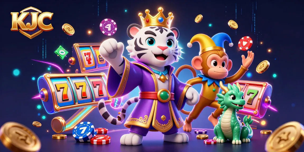 KJC casino scene with a royal tiger, juggling monkey, and glowing slot reels bursting with game elements.