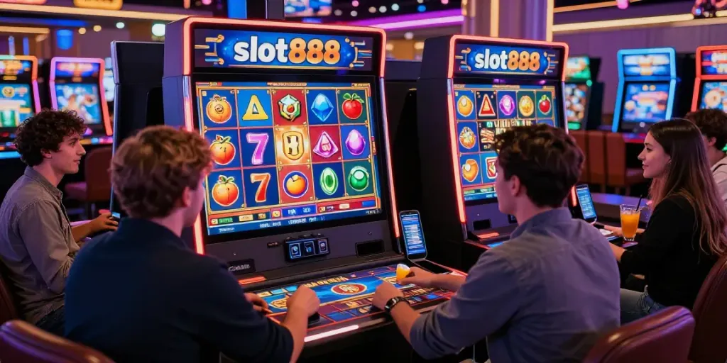 Players enjoying a virtual slot888 gaming experience in a vibrant online casino.