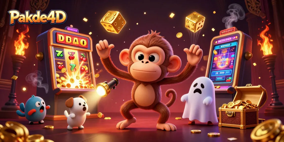 Experience the fun of Pakde4D with a playful monkey and ghost-hunter puppy in a lively casino scene.