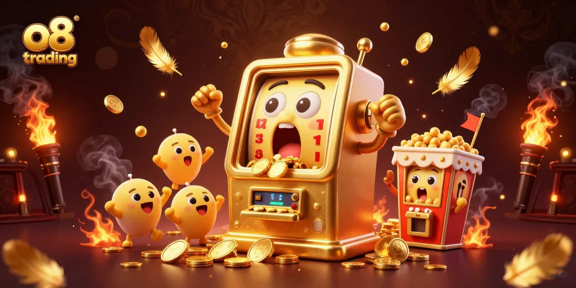 Win with o8 trading featuring a golden slot machine jackpot celebration, dynamic casino game elements.