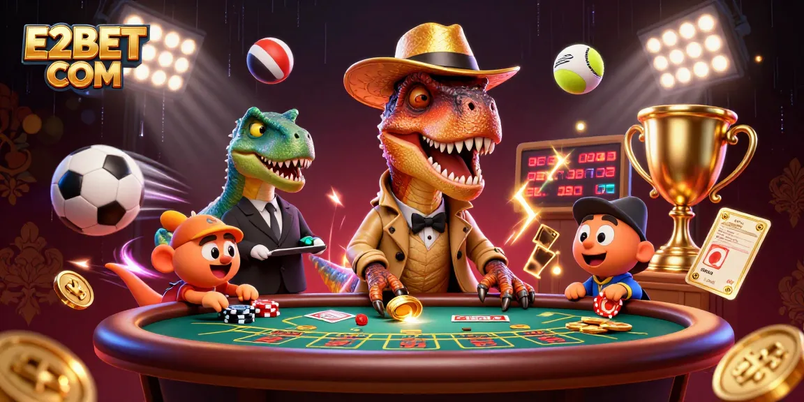 Engage in exciting gameplay at E2BET COM with a vibrant casino scene featuring a cartoon velociraptor card counter.