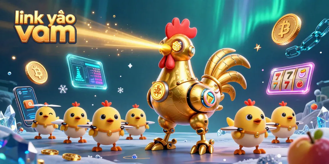 Experience the excitement with link vào vmax as the golden rooster robot and baby chick drones play amidst floating jackpot reels and crypto coins.