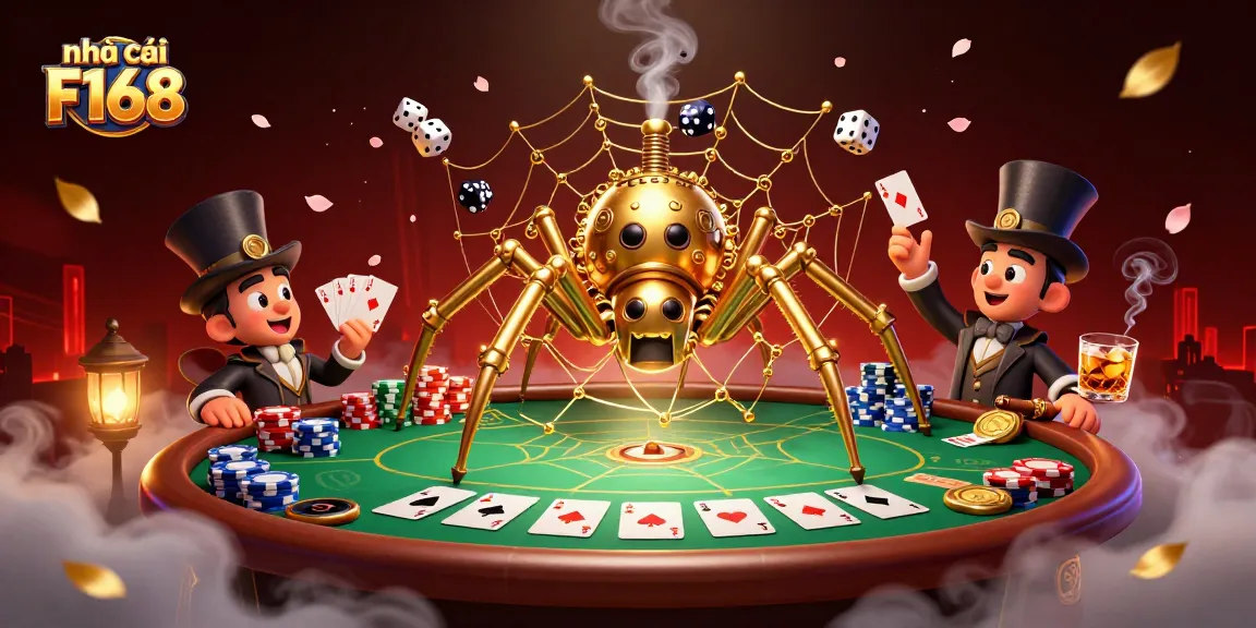 Engage with nhà cái F168 through an exciting steampunk casino-themed illustration showcasing dynamic casino action and vibrant elements.