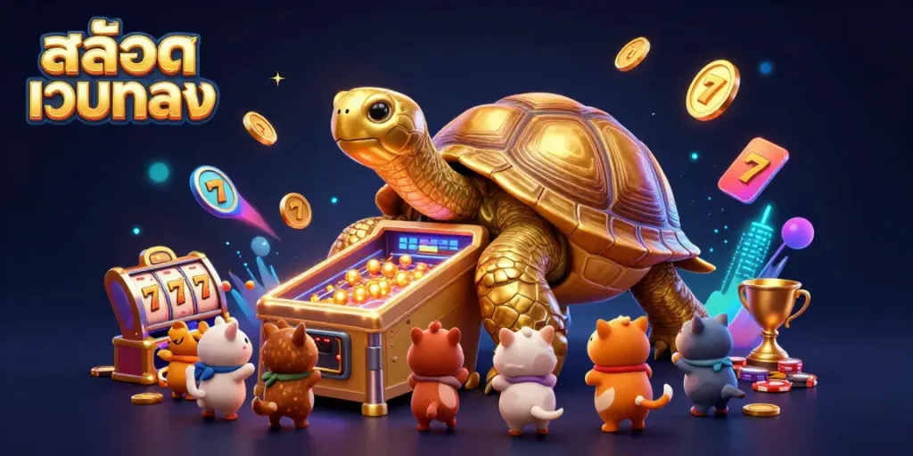 Engage with สล็อตเว็บตรง in this vibrant 3D illustration featuring a golden tortoise pinball machine and exciting casino elements.