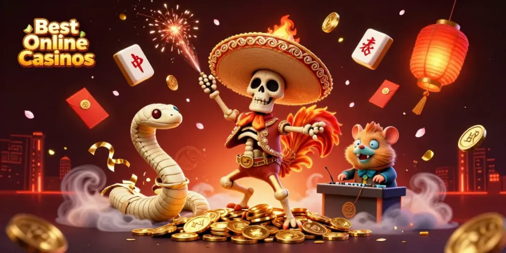 Experience the excitement of the Best Online Casinos with animated characters celebrating atop golden coins.