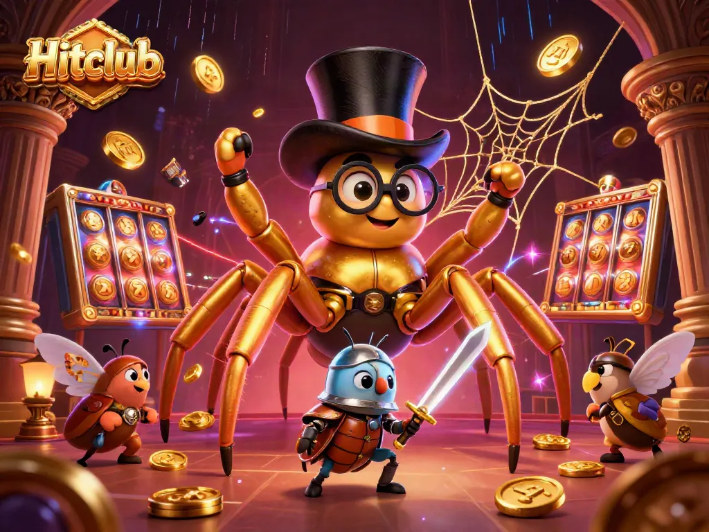 Engage with Hitclub as a giant golden tarantula weaves a web of chance in a lively casino scene.