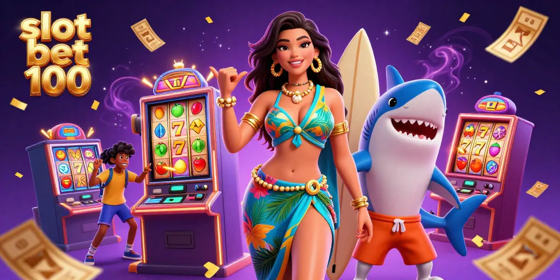 Engage with slot bet 100 as a glamorous woman and surfer shark celebrate a lively casino scene.